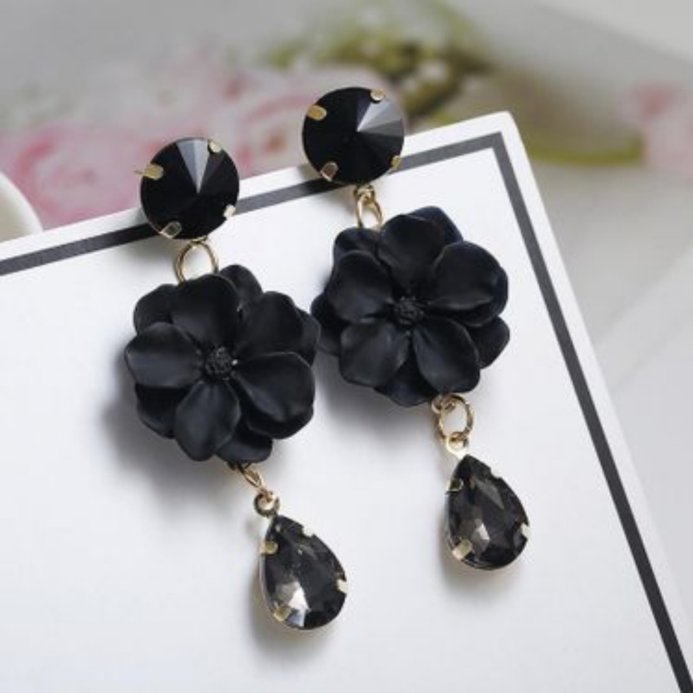 Black Crystal Flower Drop Earrings
